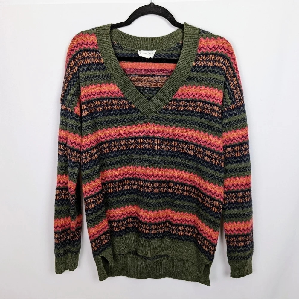 Wool Mohair Treasure & Bond Fair Isle Pullover V Neck Sweater Knit Multicolor L